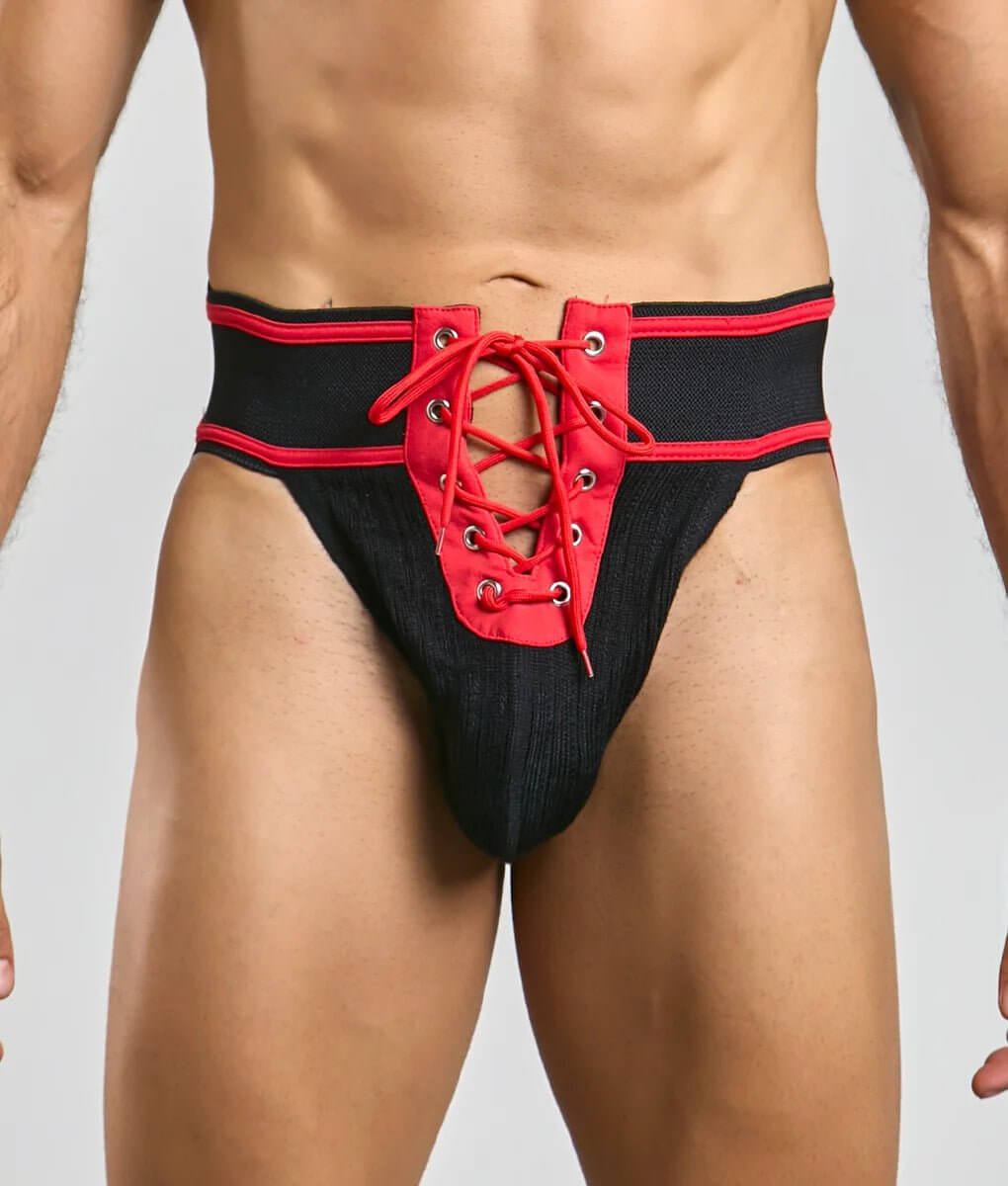 Black Vintage Lace Up Athletic Jockstrap front view