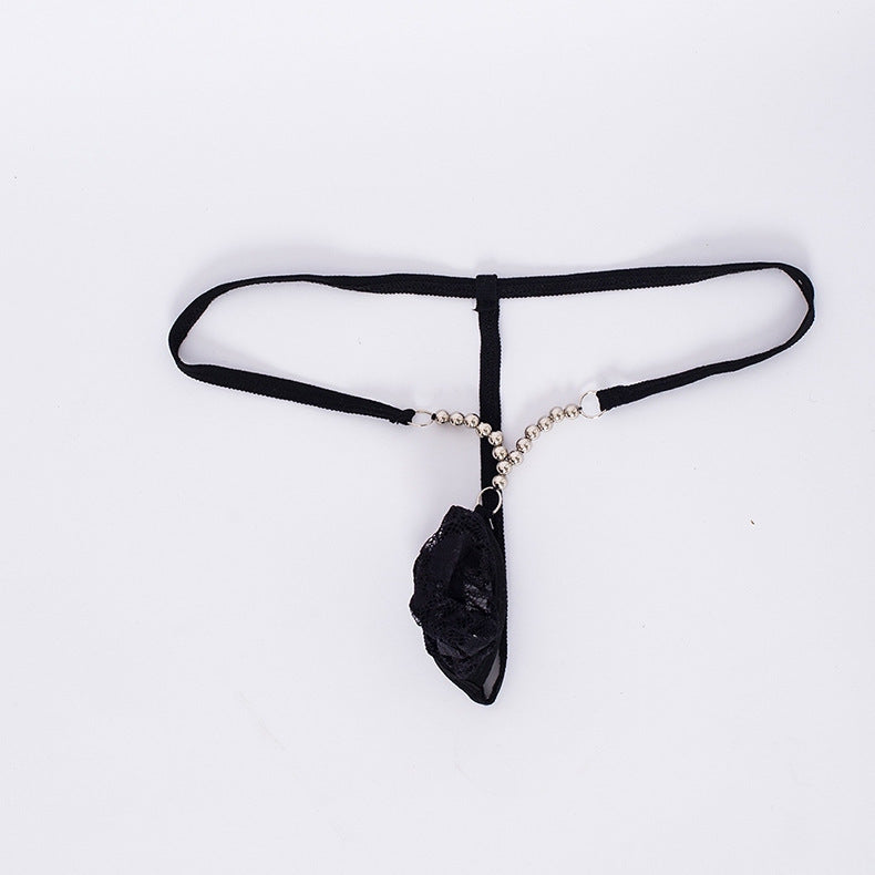 Black Rhinestone Chain Lace Micro G String flat pouch detail