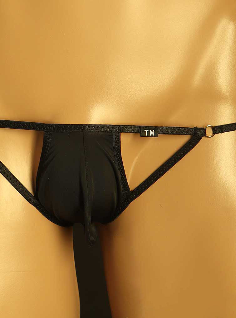 Black Ring Detail Double Strap U Pouch Thong front view