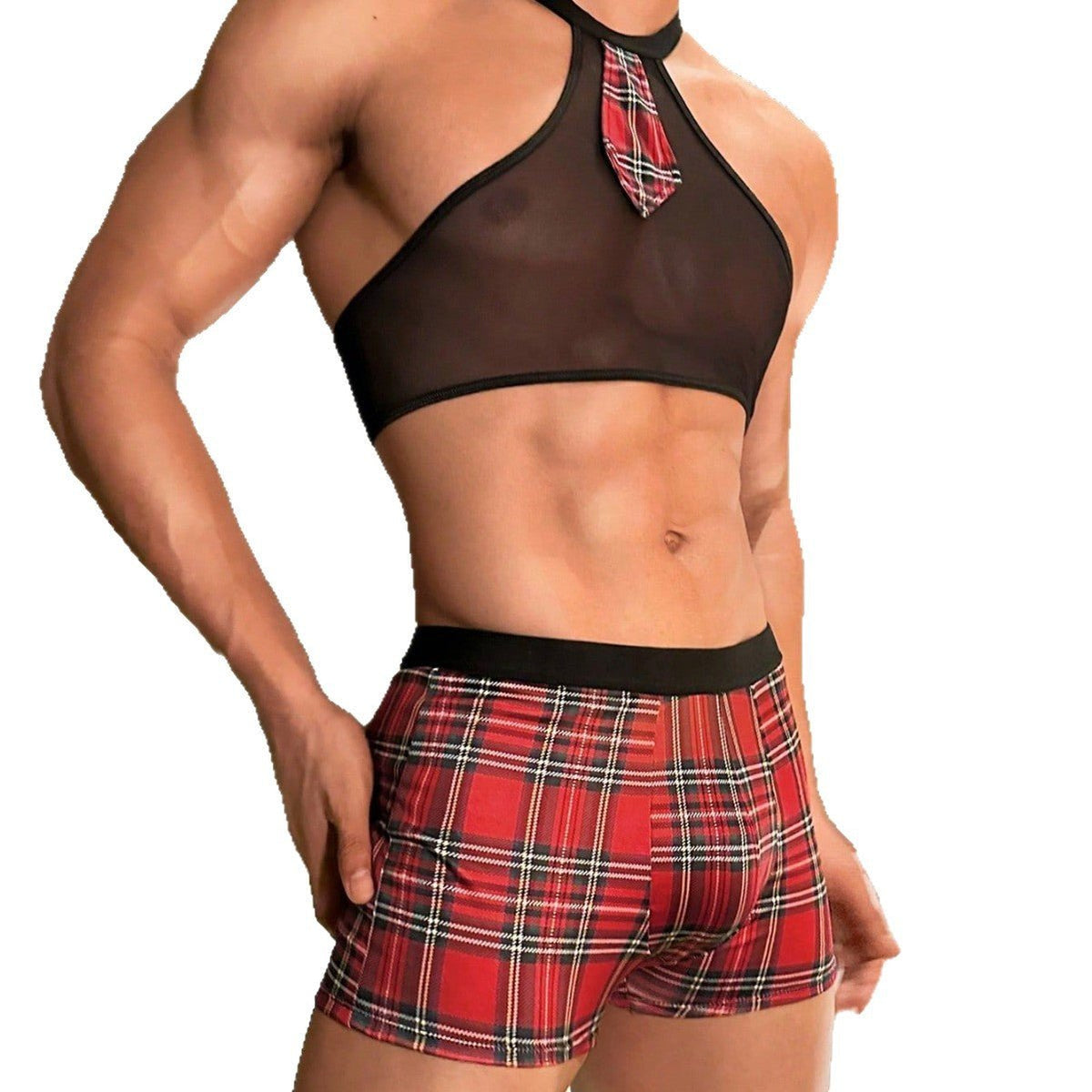 Off Shoulder Mesh Plaid Brief Cosplay Set product detail view 7