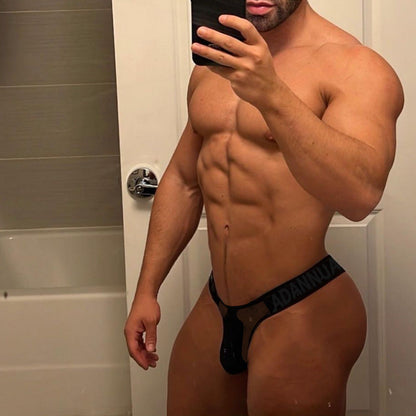 Black Sheer Double Strap U Pouch Thong front view