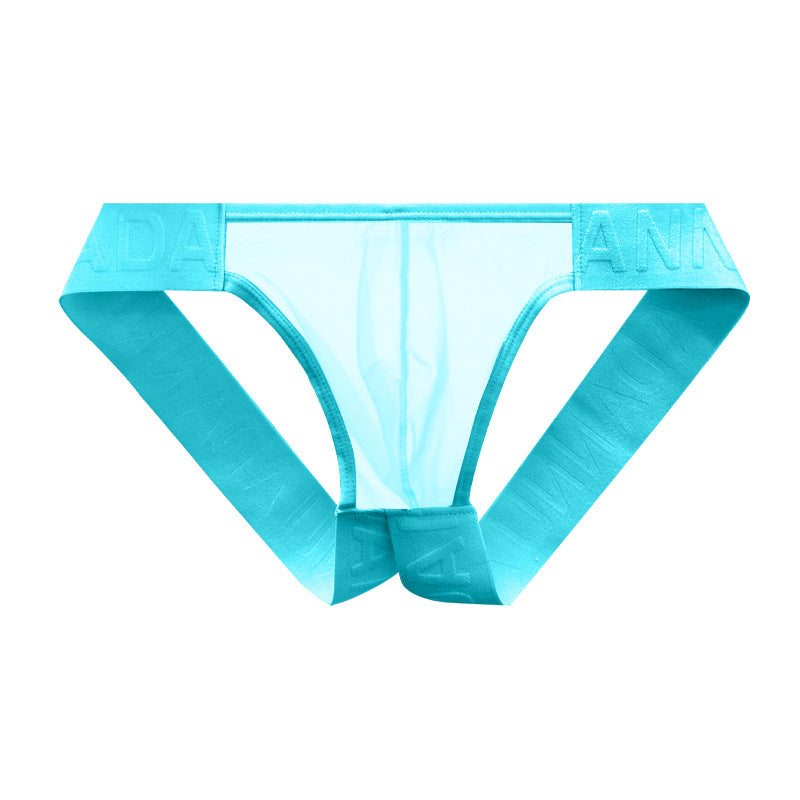 Blue Sheer Double Strap U Pouch Thong flat lay