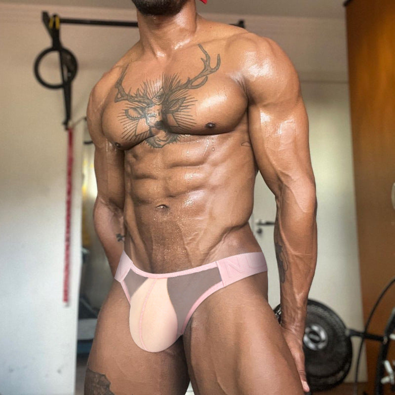 Pink Sheer Double Strap U Pouch Thong front view