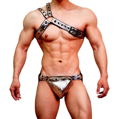 Faux Leather Jockstrap Shoulder Harness Set in silver product detail