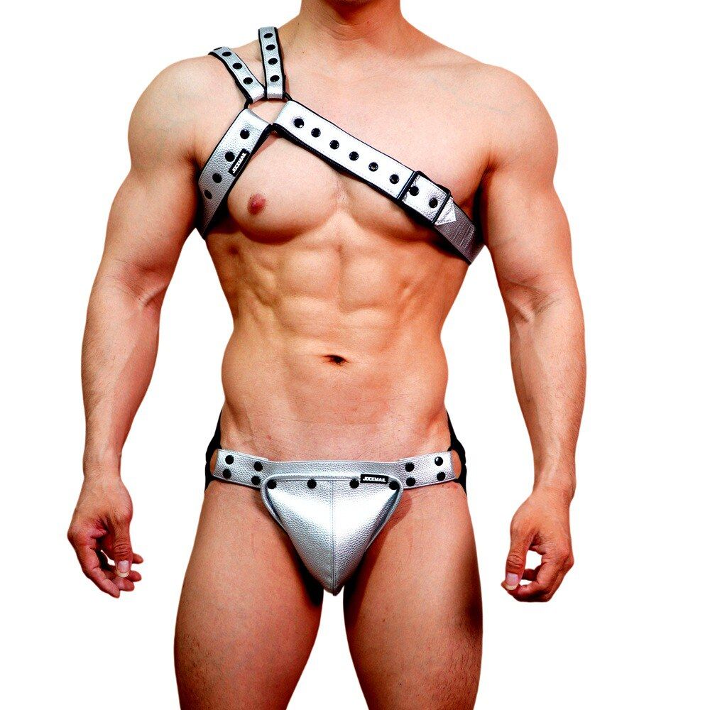 Silver Faux Leather Jockstrap Shoulder Harness Set front view