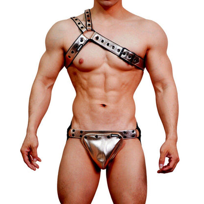 Alternate view of silver Faux Leather Jockstrap Shoulder Harness Set