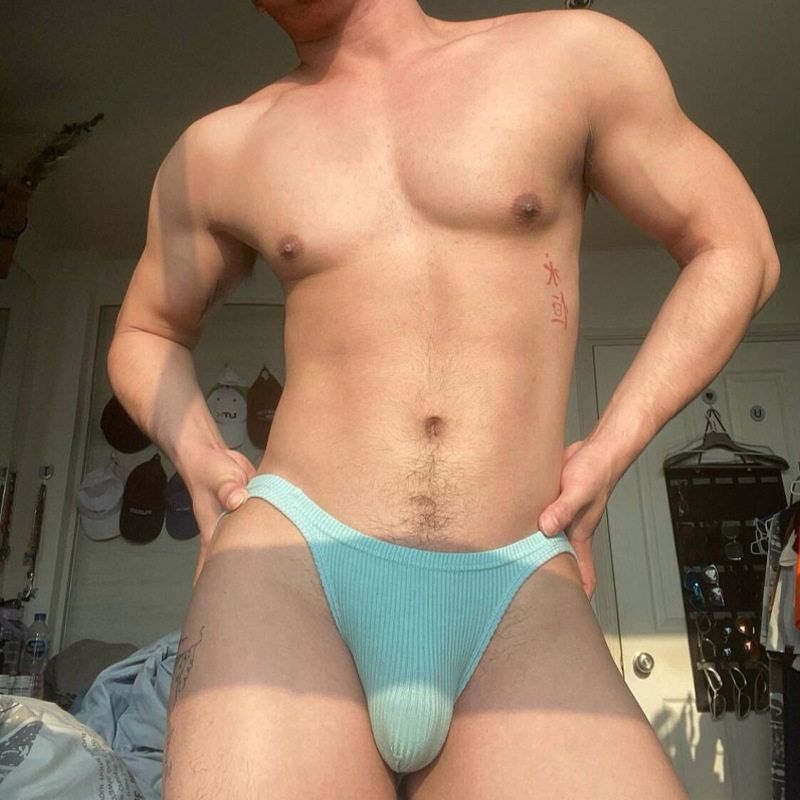 Sky Blue High Cut Ribbed Cotton Tanga Brief model view