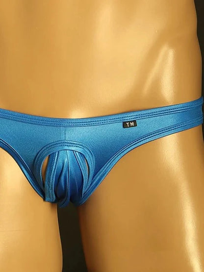 Blue Ruched Hollow Out Pouch Low Rise Thong alternate back view