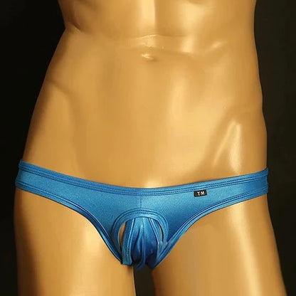 Blue Ruched Hollow Out Pouch Low Rise Thong front view