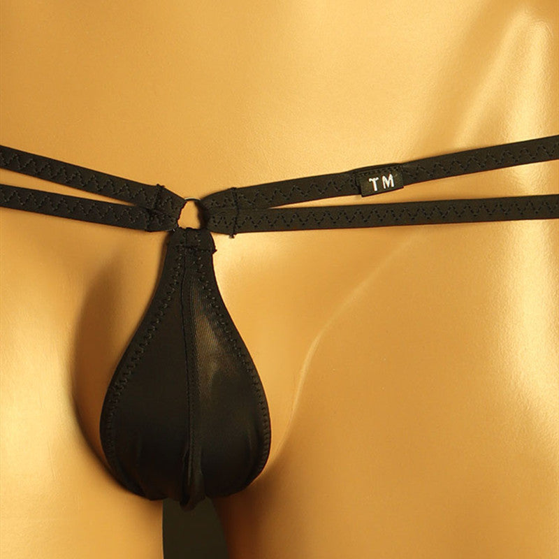 Black Steel Ring Double Waistband U Pouch Thong front view