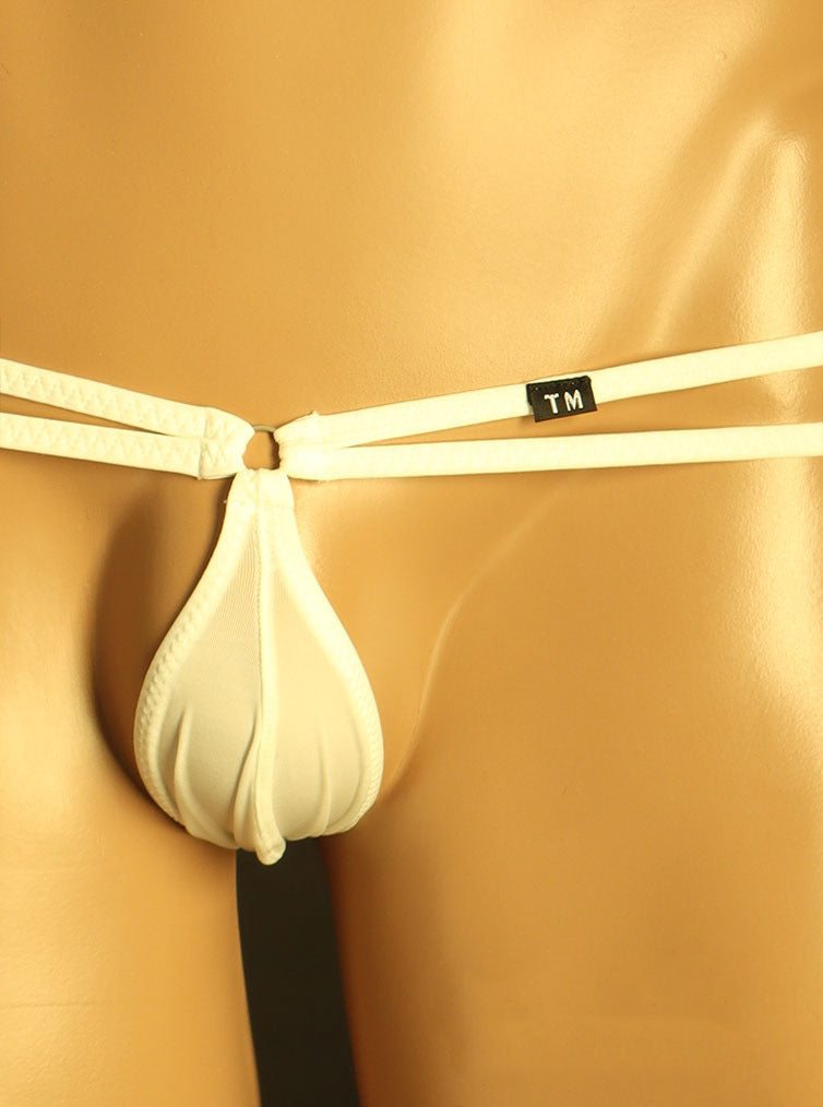White Steel Ring Double Waistband U Pouch Thong front view