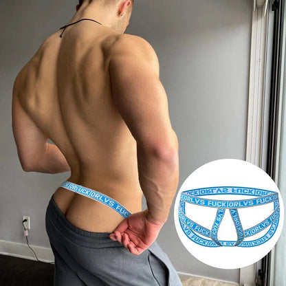 Blue Hollow Out Elastic Strap Jockstrap back view