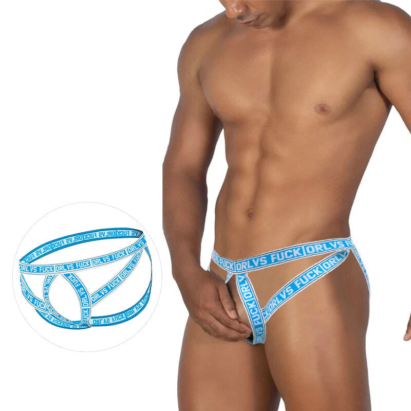 Blue Hollow Out Elastic Strap Jockstrap front view