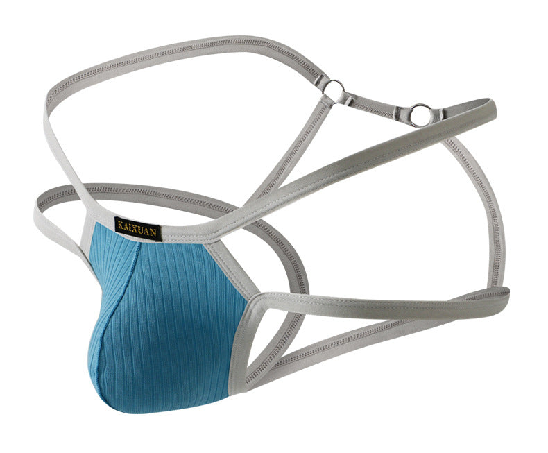 Blue Thin Strap Cotton Hollow Out Thong flat lay