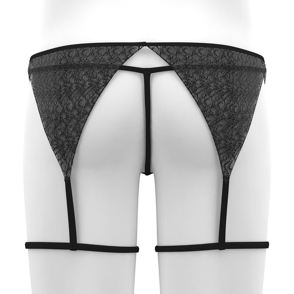 Black Sheer Lace Garter and Thong Set back model view