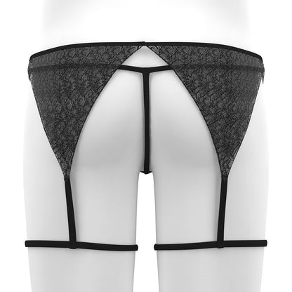 Black Sheer Lace Garter and Thong Set back model view