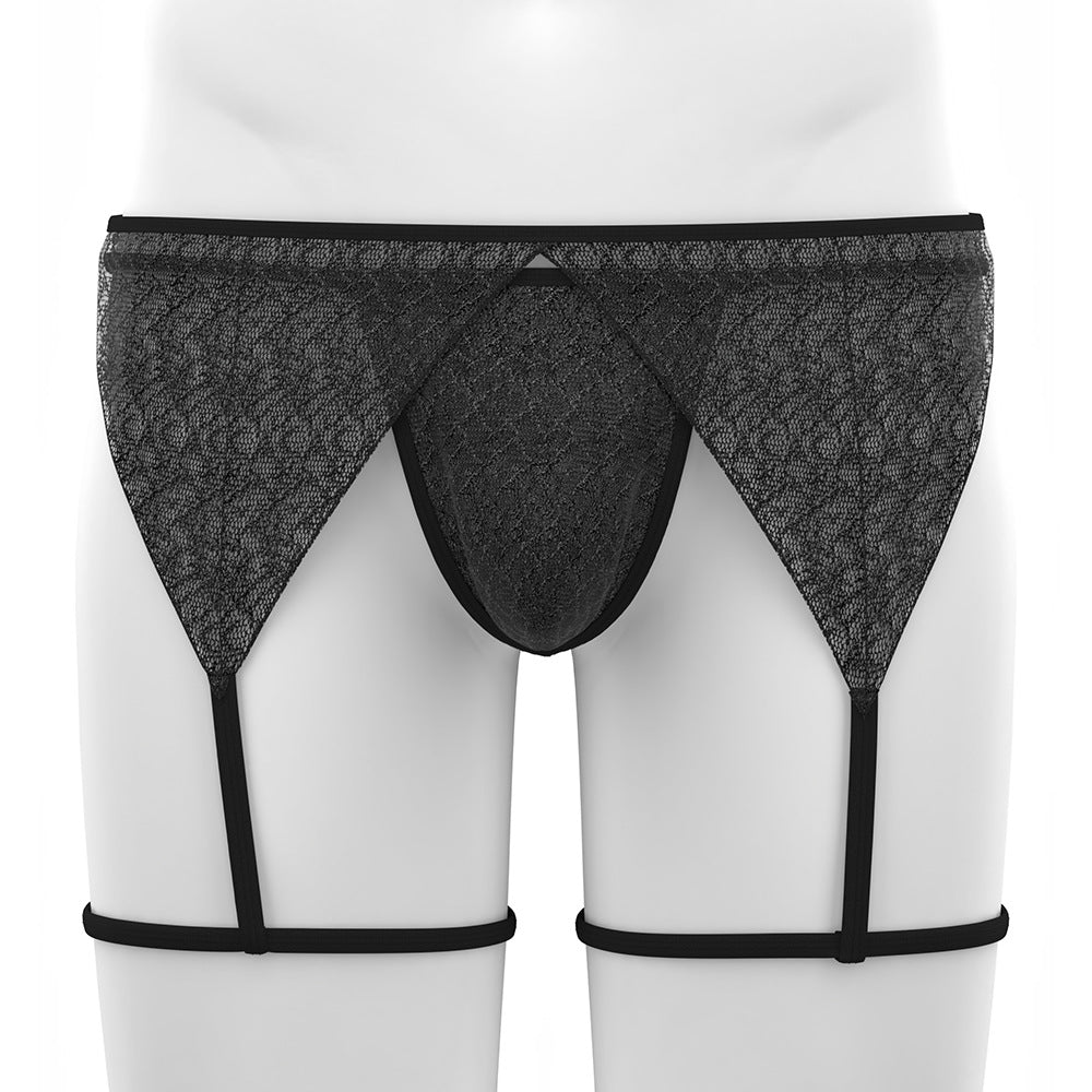 Studio view of black Sheer Lace Garter and Thong Set