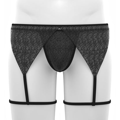 Studio view of black Sheer Lace Garter and Thong Set