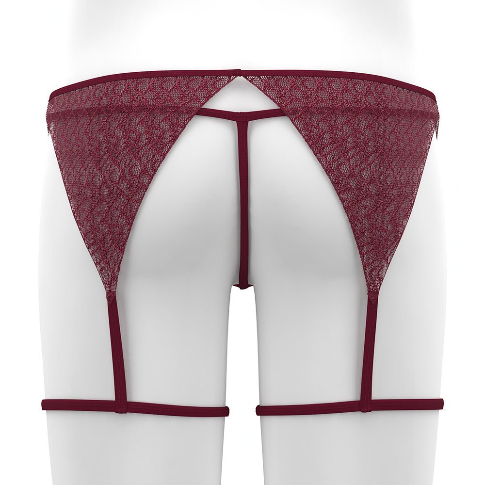 Wine Red Sheer Lace Garter and Thong Set back detail