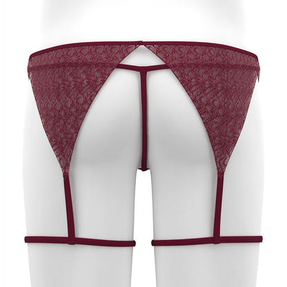 Wine Red Sheer Lace Garter and Thong Set back detail