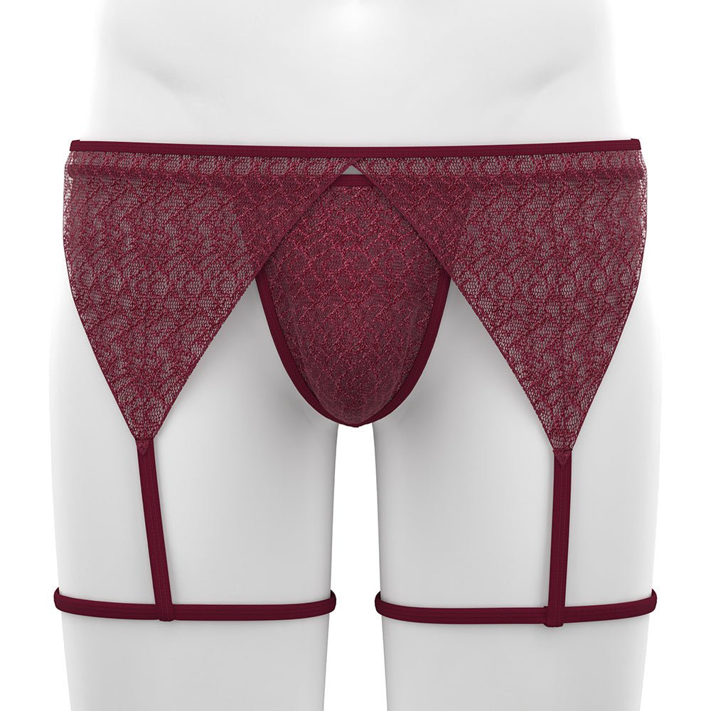 Wine Red Sheer Lace Garter and Thong Set front model view