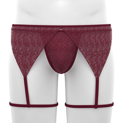 Wine Red Sheer Lace Garter and Thong Set front model view