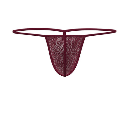 Wine Red Sheer Lace Garter and Thong Set back view