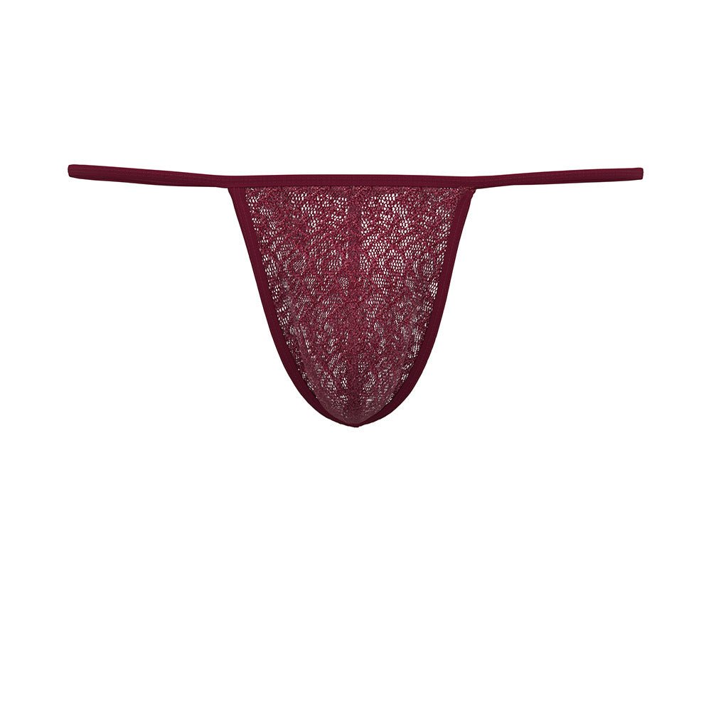 Wine Red Sheer Lace Garter and Thong Set flat lay