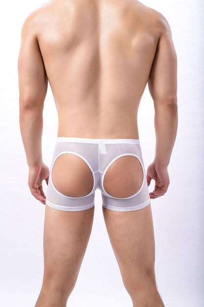 Alternate rear view of white Sheer Mesh Open Back Boxer Briefs