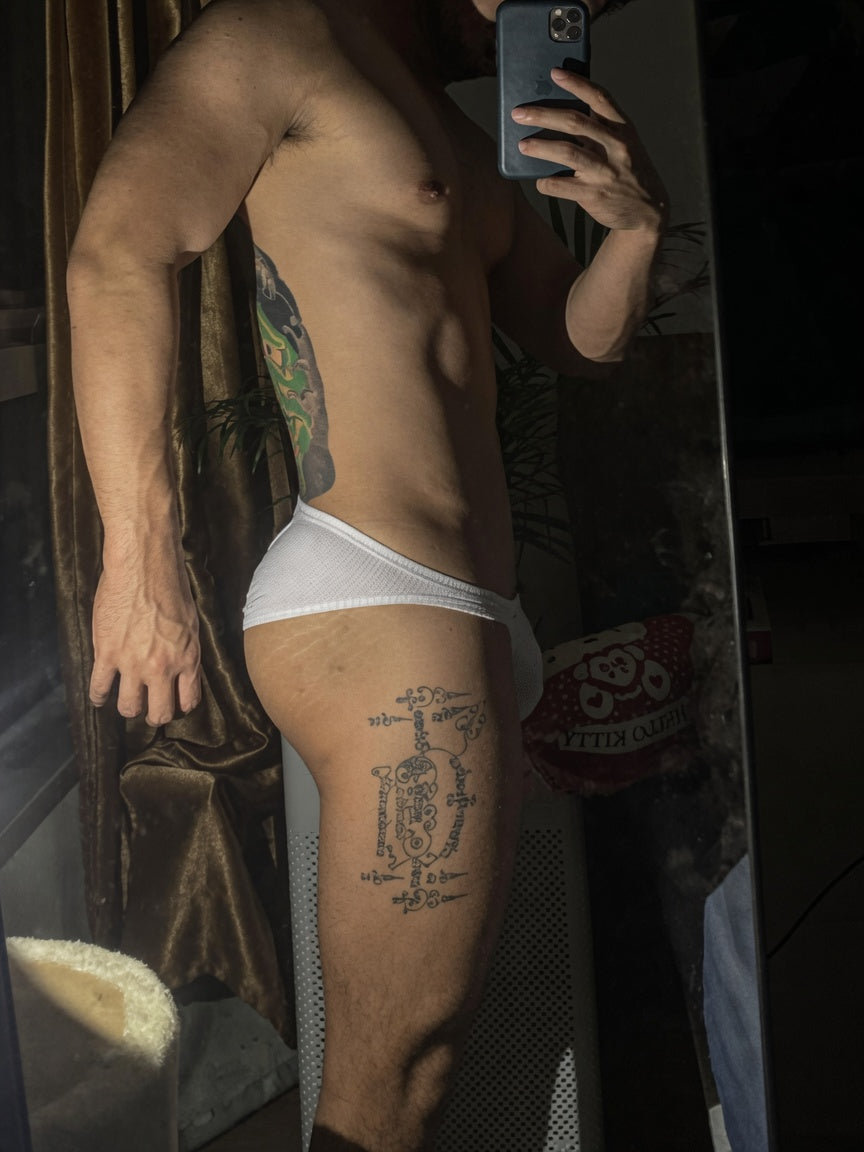 White High Cut Ribbed Cotton Tanga Brief side rear view