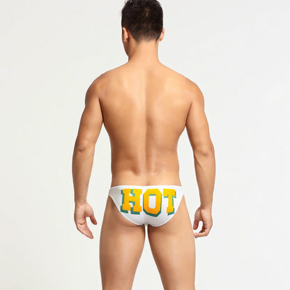 Rear View of white Varsity Back Print Silky Low Rise Briefs