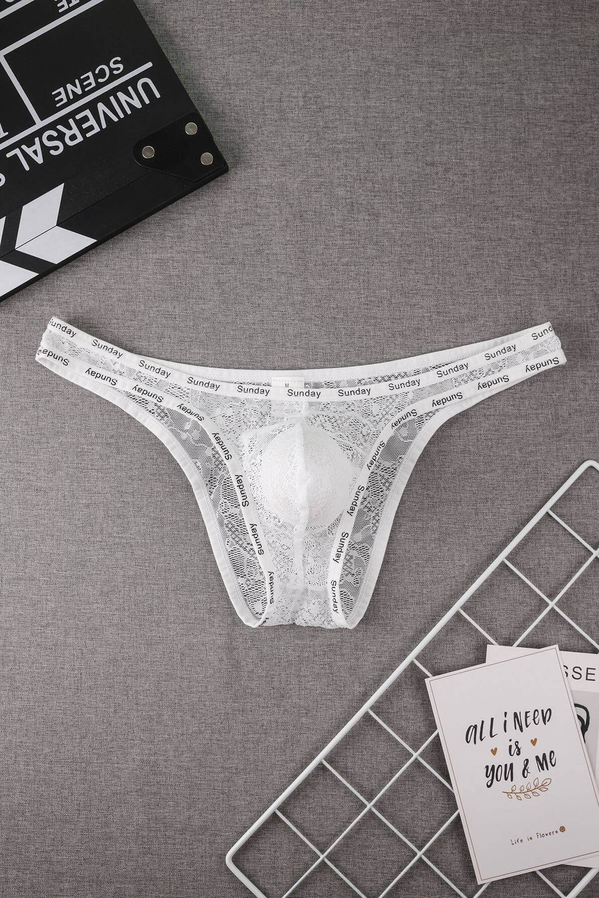 White Sheer Floral Lace Low Rise Bikini Brief flat lay