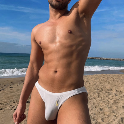 Model View of white Nylon Cotton Low Rise Contour Pouch Briefs