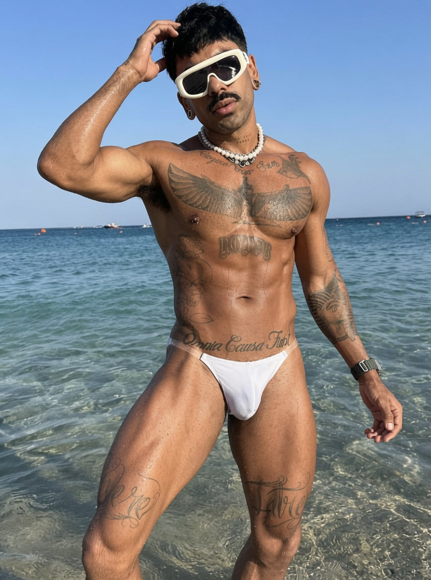 Model View of white Seamless High Cut Modal Clear Waistband Brief