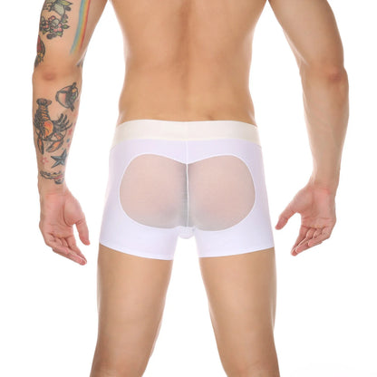 Detailed rear view showing white Seamless Ice Silk Heart Mesh Boxer Briefs