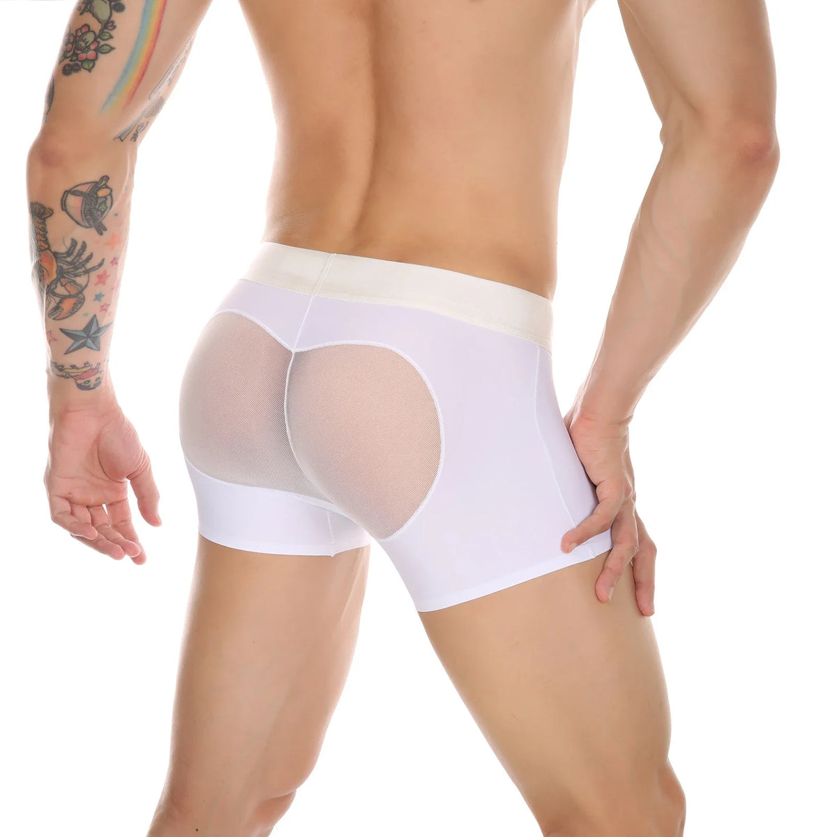Seamless Ice Silk Heart Mesh Boxer Briefs in white shown in side rear view