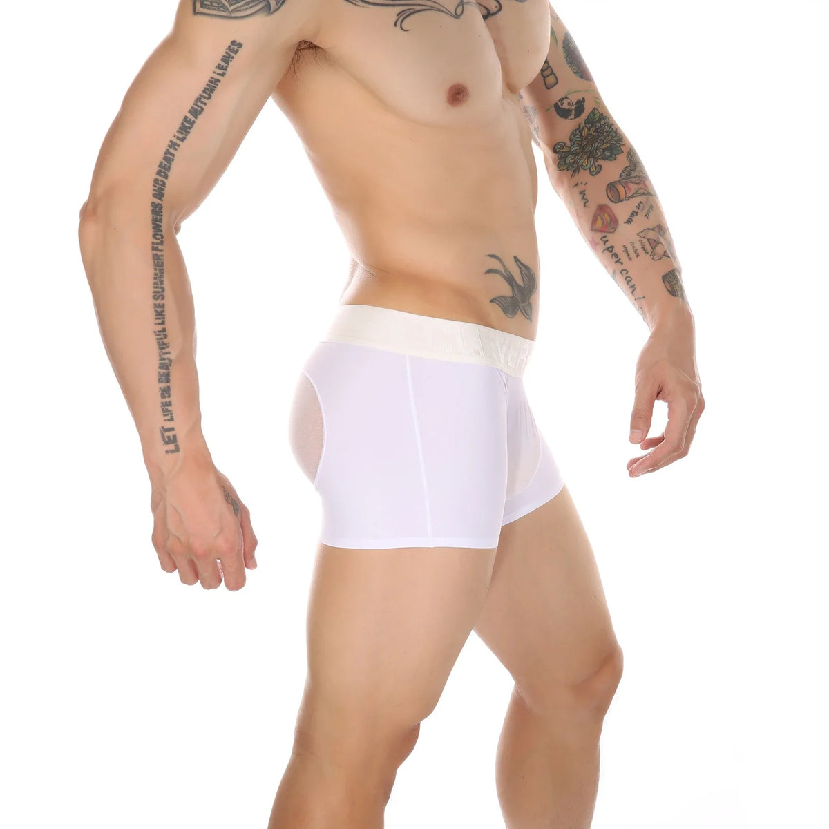 Side View of white Seamless Ice Silk Heart Mesh Boxer Briefs
