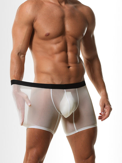 Alternate side front view of white Ultra Thin Ice Silk Long Leg Boxers