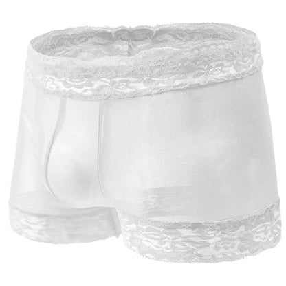 Sheer Mesh Floral Lace Trim Boxers in white shown in flat lay