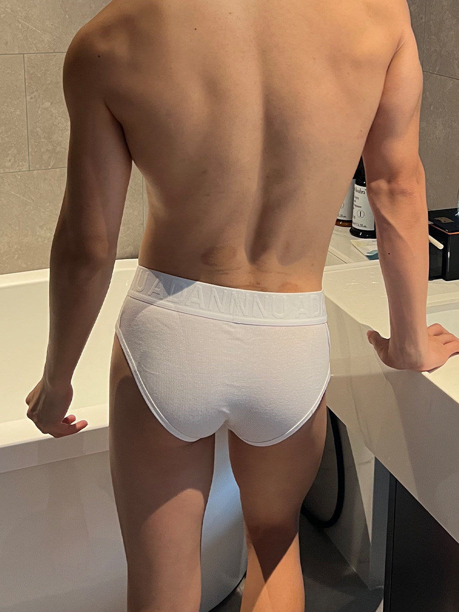Detailed rear standing view showing white Side Cut Out Cotton Low Rise Briefs