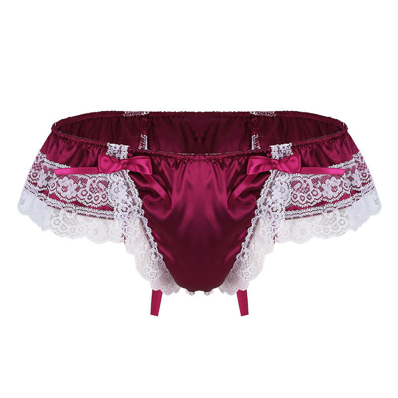 Red Frilly Satin Open Back Ruffle Panty flat lay