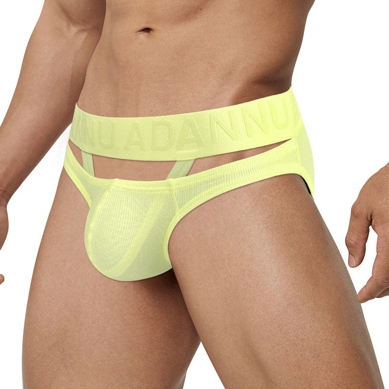 Model View of yellow Ribbed Cotton Strap Window Brief
