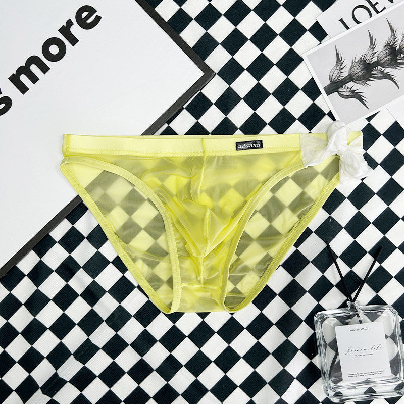 Yellow Sheer String Bikini Brief with Chiffon Bow flat lay