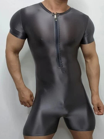 Zip Up Design Oiled Shinny Bodysuit alternate view 3