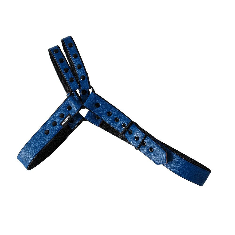 Additional product view of blue Faux Leather Jockstrap Shoulder Harness Set