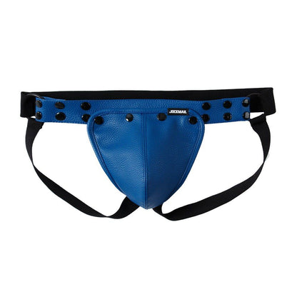 Blue Faux Leather Jockstrap Shoulder Harness Set flat lay