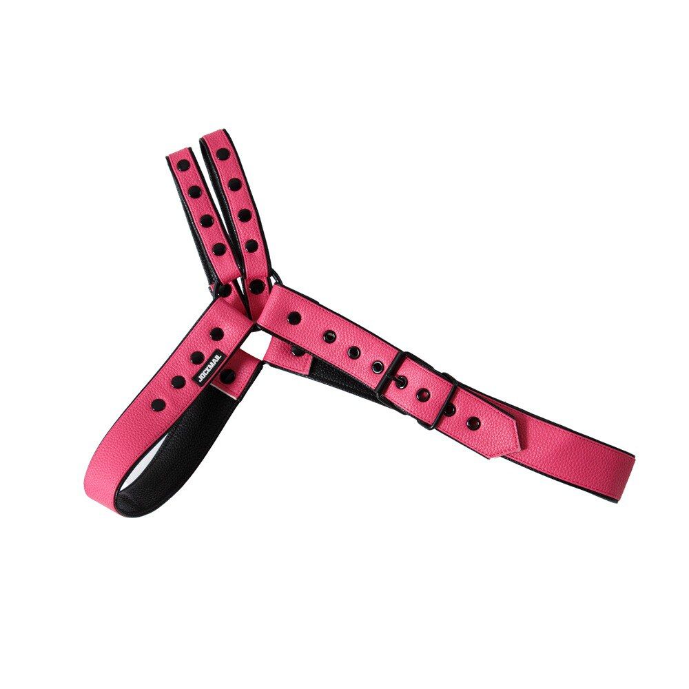 Flat lay of pink Faux Leather Jockstrap Shoulder Harness Set