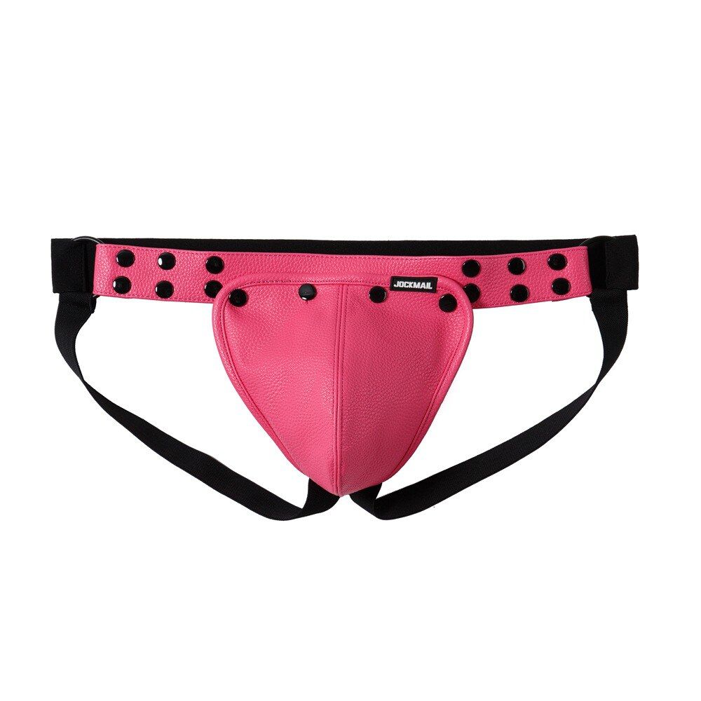 Pink Faux Leather Jockstrap Shoulder Harness Set flat lay