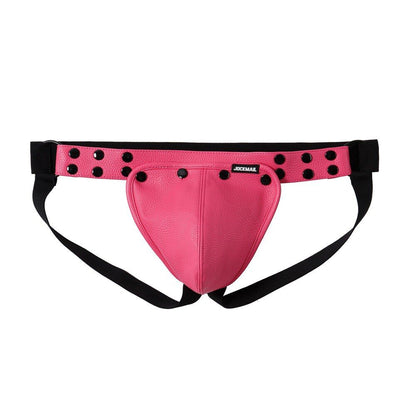 Pink Faux Leather Jockstrap Shoulder Harness Set flat lay