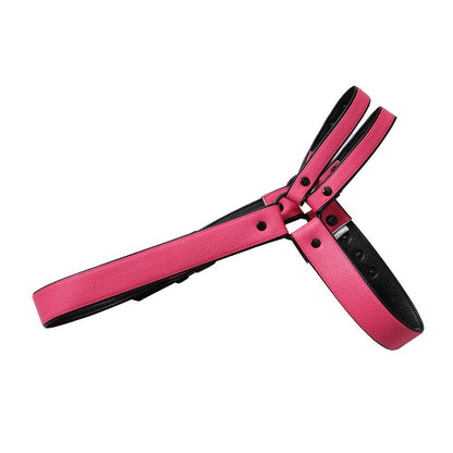 Faux Leather Jockstrap Shoulder Harness Set laid flat in pink